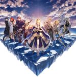  3girls 6+boys absurdres agravain_(fate) armor armored_boots armored_dress artoria_pendragon_(fate) bedivere_(fate) black_hair blonde_hair blue_cloak blue_dress boots character_request check_character cloak closed_eyes closed_mouth cloud commentary crown dress fake_horns fate/grand_order fate_(series) gareth_(fate) gauntlets gawain_(fate) green_eyes helmet highres holding holding_sword holding_weapon horned_headwear horns knights_of_the_round_table_(fate) lancelot_(fate/grand_order) long_hair looking_ahead looking_at_viewer mordred_(fate) multiple_boys multiple_girls nakanishi_tatsuya percival_(fate) purple_hair red_hair short_hair sky star_(sky) starry_sky sword tristan_(fate) weapon white_cloak white_hair 