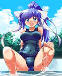  :d bad_id bad_pixiv_id barefoot blue_hair breasts feet hair_ribbon large_breasts long_hair one-piece_swimsuit open_mouth ponytail pool poolside quiz_magic_academy ribbon school_swimsuit shiden_(sashimi_no_wife) sitting smile soaking_feet soles swimsuit water yuri_(quiz_magic_academy) 