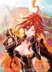  1girl aminww_amingming black_bikesuit black_gloves black_jacket blonde_hair bracelet breasts chinese_commentary cleavage clenched_hand commentary_request cowlick cropped_jacket earrings facebook_username genshin_impact gloves glowing glowing_hair grin hair_between_eyes highres holding holding_removed_eyewear hoop_earrings instagram_username jacket jewelry large_breasts long_hair long_sleeves looking_at_viewer mavuika_(genshin_impact) multicolored_hair one_eye_closed orange_eyes orange_hair pixiv_id red_hair smile solo sunburst_iris sunglasses twitter_username unworn_eyewear upper_body watermark zipper 