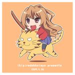  aisaka_taiga bad_id bad_pixiv_id bokken brown_eyes brown_hair chibi long_hair oohashi_high_school_uniform palmtop_tiger riding rutarou school_uniform solo sword thighhighs tiger toradora! weapon wooden_sword 