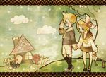  1girl blonde_hair brother_and_sister cat holding_hands kagamine_len kagamine_rin siblings twins vocaloid yuhka 