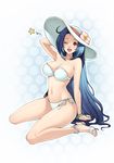  bikini blue_hair breasts brown_eyes fasces feet hat highres idolmaster idolmaster_(classic) large_breasts legs long_hair long_legs miura_azusa one_eye_closed sandals shoes side-tie_bikini sitting solo sun_hat swimsuit toes very_long_hair 