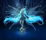  aqua_hair barefoot closed_eyes daffodil detached_sleeves feathers flower hatsune_miku long_hair machine necktie qoo_(pixiv120340) solo twintails vocaloid water wings 