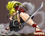  blonde_hair feet fingerless_gloves foreshortening gloves kazue long_hair namco_x_capcom red_eyes sandals solo super_robot_wars super_robot_wars_og_saga_mugen_no_frontier sword toes weapon xiaomu 