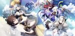  1boy 6+girls :d adrianne_(eversoul) aircraft airship angel angel_wings animal ankkoyom armor bare_shoulders barefoot bird black_gloves blonde_hair blue_cloak blue_dress blue_eyes blue_hair blue_shirt boots bow_(weapon) braid breasts brown_hair cane capelet circuit_board_print cleavage cloak clothing_cutout cloud cloud_hair coat constellation copyright_notice crescent_halo curly_hair double-parted_bangs dress elbow_gloves elf eversoul fairy_wings fingerless_gloves flat_chest floating fold-over_boots frilled_sleeves frills full_body glasses gloves green_eyes grey_eyes hair_between_eyes hair_ornament hair_ribbon hairband halo halo_behind_head hat headdress holding holding_bow_(weapon) holding_polearm holding_staff holding_weapon jewelry key_visual lance large_breasts leotard lewayne_(eversoul) long_hair long_sleeves looking_at_viewer low-tied_long_hair mage_staff medium_breasts mephistopheles_(eversoul) multiple_girls naiah_(eversoul) official_art pants pointy_ears polearm popped_collar promotional_art purple_capelet purple_eyes purple_leotard purple_thighhighs red_eyes red_hair ribbon savior_(eversoul) shirt short_hair sky sleeveless sleeves_past_fingers sleeves_past_wrists smile spacecraft staff talia_(eversoul) tapir thigh_strap thighhighs third-party_source turtleneck turtleneck_shirt twintails two-tone_dress vivienne_(eversoul) weapon white_coat white_dress white_hair white_pants wide_sleeves wings witch_hat yellow_eyes yuria_(eversoul) 