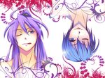  blue_eyes blue_hair haru_aki kaito kamui_gakupo long_hair male_focus multiple_boys purple_hair rotational_symmetry tongue upside-down vocaloid 