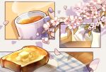  1girl branch bread bread_slice butter coffee coffee_mug cup drink flower food food_focus hi_hiiii leaf morning mug original plate purple_nails solo steam toast vase 
