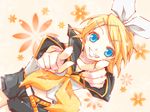  blonde_hair happy haru_aki kagamine_rin necktie pointing ribbon short_hair smile solo vocaloid 