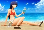  anklet bad_id bad_pixiv_id beach bikini blue_hair blue_hawaii brown_eyes day flat_chest hino_hikaru idolmaster idolmaster_(classic) idolmaster_1 jewelry kisaragi_chihaya ocean outdoors print_sarong sandals sarong solo swimsuit tropical_drink white_sarong 