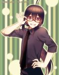  adjusting_eyewear ahoge bespectacled black_hair glasses grin hand_on_hip male_focus namazuo_toushirou necktie ponytail purple_eyes red-framed_eyewear smile striped striped_background touken_ranbu translated yuzuki_kaoru 