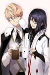  black_hair blonde_hair cape coffee cup fate/grand_order fate/prototype fate/prototype:_fragments_of_blue_and_silver fate_(series) fingerless_gloves gloves jekyll_and_hyde_(fate) long_hair male_focus multiple_boys one_eye_closed paracelsus_(fate) shijiu_(adamhutt) short_hair simple_background smile white_background 