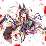  absurdres animal_ear_fluff animal_ears black_hair breasts colorful covered_navel fox_ears fox_tail highres jumping long_hair looking_at_viewer original petals red_eyes sideboob small_breasts smile solo tail thighhighs usagihime 