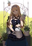  android bare_shoulders black_dress blonde_hair blue_eyes breasts dress highres long_hair looking_at_viewer medium_breasts original plant potted_plant sakura_sora sleeveless sleeveless_dress solo watering_can wristband 