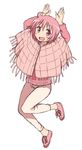  :d ahoge blush eyebrows_visible_through_hair hands_above_head long_sleeves looking_at_viewer mel_(melty_pot) nonohara_yuzuko open_mouth pants pink_eyes pink_footwear pink_hair shoes short_hair sketch smile solo yuyushiki 