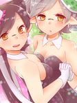  2girls aoi_madoka aori_(splatoon) back bare_arms bare_shoulders black_hair breasts cleavage collarbone cousins detached_collar domino_mask dress earrings eyebrows_visible_through_hair fang gloves grey_hair highres holding_hands hotaru_(splatoon) interlocked_fingers jewelry looking_at_viewer looking_back mask medium_breasts mole mole_under_eye multicolored_hair multiple_girls object_on_head open_mouth orange_eyes parted_lips pointy_ears shiny shiny_hair shiny_skin shoulder_blades smile splatoon_(series) splatoon_1 strapless strapless_dress tentacle_hair upper_body white_gloves 