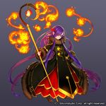  absurdly_long_hair airspace company_name fire full_body fur_trim grey_background gyakushuu_no_fantasica hair_ornament lamp long_hair official_art purple_hair red_eyes solo sparkle staff very_long_hair 