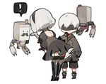  1boy 1girl black_dress black_footwear black_hairband blindfold boots chibi dress fake_facial_hair fake_mustache feather-trimmed_sleeves hairband juliet_sleeves long_sleeves nier_(series) nier_automata pod_(nier_automata) puffy_sleeves short_hair silver_hair simple_background starshadowmagician thighhighs thighhighs_under_boots yorha_no._2_type_b yorha_no._9_type_s 