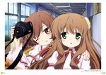  absurdres ahoge brown_hair eyebrows_visible_through_hair flower green_eyes grin hair_flower hair_ornament hand_on_another's_shoulder head_tilt highres holding indoors inoue_(rewrite) kanbe_kotori long_hair looking_at_viewer matsui_riwako multiple_girls neck_ribbon one_eye_closed open_mouth red_ribbon rewrite ribbon school short_hair smile sunflower sweatdrop 