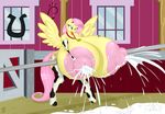  2017 absurd_res anjuneko anthro anthrofied areola armwear badgerben big_breasts breasts clothing cowbell cutie_mark elbow_gloves equine female fluttershy_(mlp) friendship_is_magic gloves hair hi_res huge_breasts hyper hyper_breasts lactating legwear mammal milk my_little_pony nipples pegasus pink_hair solo spread_wings thigh_highs tongue tongue_out wings 