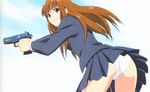  00s 1girl ass bangs bare_legs brown_eyes brown_hair gun holding long_hair looking_at_viewer looking_back official_art original panties pantyshot skirt smile solo standing tobimono_girls underwear upskirt weapon white_panties yamauchi_noriyasu 