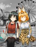  amusement_park animal_ears backpack bag bare_shoulders bench black_hair blonde_hair boku_no_friend bow bowtie closed_eyes commentary_request elbow_gloves ferris_wheel gloves hat hat_feather helmet holding_hands interlocked_fingers kaban_(kemono_friends) kemono_friends multiple_girls pith_helmet ruins serval_(kemono_friends) serval_ears serval_print serval_tail shirt short_hair signature sitting skirt sleeveless somechime_(sometime1209) spoilers tail twitter_username 