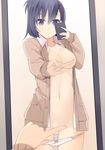  areola_slip areolae black_hair bow bow_panties breasts cardigan cellphone closed_mouth cowboy_shot dress_shirt eyebrows_visible_through_hair gabriel_dropout groin hair_ornament hairclip holding holding_phone index_finger_raised long_sleeves medium_breasts mirror navel nipples one_finger_selfie_challenge open_cardigan open_clothes open_shirt panties panty_pull phone purple_eyes reflection sasakura self_shot shirt smartphone smile solo tsukinose_vignette_april underwear white_panties x_hair_ornament 