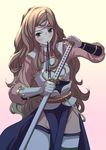  armor brown_hair commentary_request fire_emblem fire_emblem_if headband holding holding_sword holding_weapon japanese_clothes katana kazahana_(fire_emblem_if) kero_sweet long_hair simple_background solo sword very_long_hair weapon 