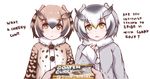  black_hair blonde_hair blush brown_coat brown_eyes brown_hair coat commentary disco_brando english eurasian_eagle_owl_(kemono_friends) grey_coat head_wings kemono_friends long_sleeves looking_at_viewer multicolored_hair multiple_girls northern_white-faced_owl_(kemono_friends) open_mouth profanity short_hair white_hair wings yellow_eyes 