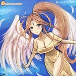  aa_megami-sama artist_name belldandy blue_eyes blush breasts brown_hair cleavage commentary facial_mark lumineko patreon_logo ponytail wings 