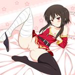  1girl :i arm_support bandaged_leg bed belt black_hair black_legwear black_panties blush breasts choker collar dress dress_pull female kono_subarashii_sekai_ni_shukufuku_wo! leg_up looking_at_viewer megumin mugen_panda no_bra off_shoulder one_breast_out panties panties_around_leg pillow pout pussy reclining red_eyes short_dress short_hair short_hair_with_long_locks sidelocks single_thighhigh small_breasts solo spread_legs star sweatdrop thighhighs uncensored 