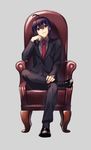  ahoge androgynous black_hair chair chin_rest crossed_legs formal highres male_focus namazuo_toushirou necktie purple_eyes sitting smile suit touken_ranbu yuzuki_kaoru 