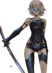  android armlet blue_eyes breasts collarbone elbow_gloves eyelashes gloves glowing glowing_eyes highres holding holding_sword holding_weapon katana mole mole_under_mouth nier_(series) nier_automata patterned_clothing short_hair short_shorts shorts small_breasts solo standing sword tank_top text_focus thighs tombsakura weapon white_background white_hair yorha_type_a_no._2 