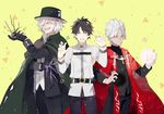  amakusa_shirou_(fate) black_hair cape cross cross_necklace dark_skin dark_skinned_male edmond_dantes_(fate/grand_order) fate/apocrypha fate/grand_order fate_(series) fedora fujimaru_ritsuka_(male) hat highres jewelry long_hair looking_at_viewer male_focus multiple_boys necklace short_hair smile stole wavy_hair white_hair yellow_eyes 
