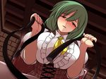  ascot bangs belt blush breasts commentary_request corset green_hair half-closed_eyes highres kazami_yuuka large_breasts looking_at_viewer nose_blush parted_lips red_eyes short_hair solo touhou ueda_katsuhito upper_body 