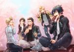  1girl 4boys :3 adjusting_eyewear alternate_costume black_hair blonde_hair bottle brother_and_sister brown_hair camera can carbuncle_(final_fantasy) casual cherry_blossoms coca-cola collarbone eating eyes_closed facial_hair final_fantasy final_fantasy_xv gladiolus_amicitia glass_bottle glasses ignis_scientia indian_style iris_amicitia jacket looking_at_another multiple_boys noctis_lucis_caelum obentou picnic prompto_argentum rayu scar short_hair siblings sitting smile soda_can spiked_hair suspenders tree 