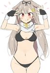  :q alternate_hair_color araki_kanao bikini black_bikini breasts cowboy_shot fingerless_gloves gloves hair_flaps hair_ornament hair_ribbon hairclip kantai_collection light_brown_hair long_hair medium_breasts navel red_eyes remodel_(kantai_collection) ribbon scarf sketch solo swimsuit thigh_gap tongue tongue_out white_background yuudachi_(kantai_collection) 