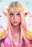  blonde_hair blue_eyes forehead_jewel lips long_hair nose petals pointy_ears portrait princess_zelda revision ross_tran solo tattoo the_legend_of_zelda thick_eyebrows tiara triforce 