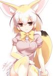  animal_ears blonde_hair blush bow bowtie breast_pocket breasts brown_eyes extra_ears eyebrows_visible_through_hair fennec_(kemono_friends) fox_ears fox_tail half-closed_eyes kemono_friends medium_breasts multicolored multicolored_clothes multicolored_hair multicolored_legwear pleated_skirt pocket puffy_short_sleeves puffy_sleeves sanom scrunchie shirt short_hair short_sleeve_sweater short_sleeves signature simple_background sitting skirt smile solo sweater tail thighhighs two-tone_legwear white_background white_skirt 