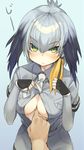  bangs between_breasts black_gloves black_hair blue_background breasts eyebrows_visible_through_hair fingerless_gloves gloves grey_hair grey_shirt hand_between_breasts highres kemono_friends large_breasts looking_at_viewer mirei multicolored_hair necktie open_clothes open_shirt shirt shoebill_(kemono_friends) short_sleeves solo_focus two-tone_hair white_neckwear yellow_eyes 