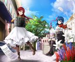  accordion blue_hair blue_sky boots cloud day dress flower hair_bun hair_ornament hair_ribbon hairclip highres house instrument long_hair love_live! love_live!_sunshine!! multiple_girls one_eye_closed orein outdoors pink_eyes red_hair ribbon sakurauchi_riko sheet_music skirt sky smile tree tsushima_yoshiko violin yellow_eyes 