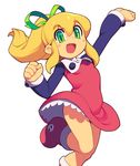  bad_id bad_pixiv_id blonde_hair blush boots dress green_eyes hair_ribbon long_hair metata open_mouth ponytail red_skirt ribbon rockman rockman_(classic) roll skirt smile solo 