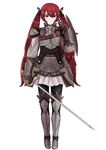  1girl armor cryopon fire_emblem fire_emblem_if full_body gauntlets greaves highres holding holding_sword holding_weapon looking_at_viewer red_eyes red_hair selena_(fire_emblem) shield simple_background skirt solo solo_focus sword twintails weapon 