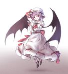  ascot bat_wings colorized dress full_body gradient gradient_background hat hat_ribbon highres lavender_hair long_sleeves looking_at_viewer minust mob_cap pointy_ears puffy_sleeves red_eyes remilia_scarlet ribbon sash shoes sketch slit_pupils socks solo touhou white_legwear wings 