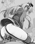  1girl absurdres amatsukaze_(kantai_collection) ass azumi_akitake cowgirl_position cum cum_in_pussy dress from_below garter_straps girl_on_top greyscale hairband hetero highres kantai_collection long_hair monochrome motion_lines no_panties open_mouth penis sailor_dress sex sketch smokestack solo_focus straddling thighs two_side_up vaginal 