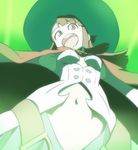  breasts brown_hair from_below green green_background haruyama_kazunori hat kagari_atsuko little_witch_academia long_hair navel open_mouth red_eyes small_breasts solo witch_hat 