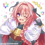  ;d astolfo_(fate) blush braid cape fang fate/apocrypha fate/grand_order fate_(series) hair_ribbon ittokyu long_hair looking_at_viewer lowres male_focus one_eye_closed open_mouth otoko_no_ko pink_hair pointing pointing_at_self purple_eyes ribbon saint_quartz single_braid smile solo star 