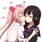  akasata black_hair cheek_kiss closed_eyes heart kiss long_hair lowres multiple_girls original pink_hair school_uniform smile twintails upper_body yellow_eyes yuri 