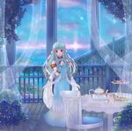  bad_id bad_tumblr_id balcony blue_eyes blue_hair cake cup dress fire_emblem fire_emblem:_rekka_no_ken food lijupy long_hair mamkute ninian ocean solo_focus tea teacup teapot tiered_tray 