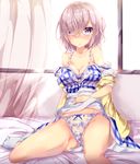  bra breasts cleavage commentary_request eyebrows_visible_through_hair fate/grand_order fate_(series) fukuda_shuushi glasses highres large_breasts mash_kyrielight panties plaid purple_eyes purple_hair short_hair solo strap_slip sunlight underwear window 