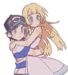  1boy 1girl black_hair blonde_hair blue_eyes blush couple green_eyes hat height_difference hug lillie_(pokemon) long_hair male_protagonist_(pokemon_sm) pokemon pokemon_(game) pokemon_sm short_hair striped_shirt 